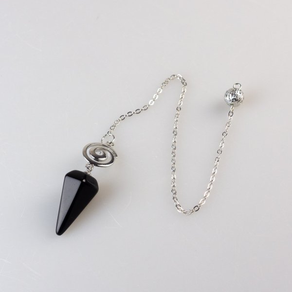 Pendulum black obsidian with Spiral symbol | Stone 2,5 x 1,5 cm, chain 20 cm