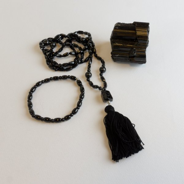 Black Tourmaline stones set - Mala, Bracelet and raw crystal