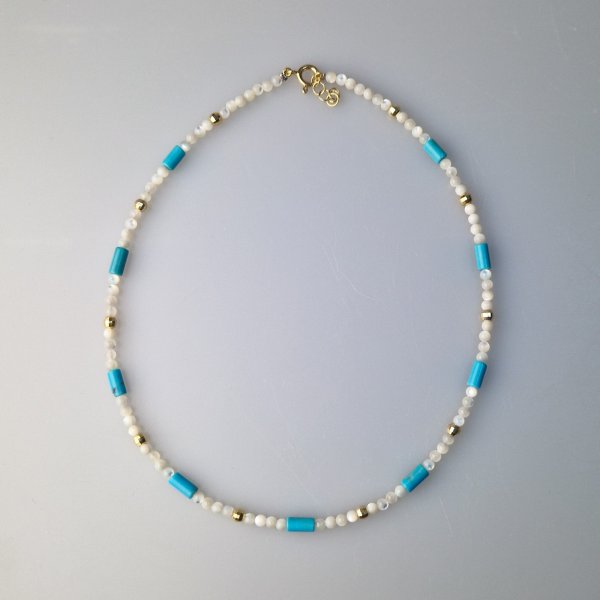Necklace with pearls, turquoise and gilded silver | lenght 39-40 cm, stones 3-8 mm