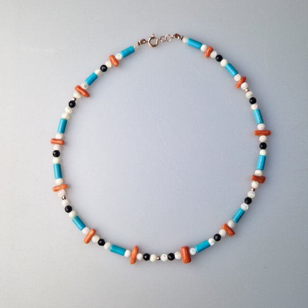 Necklace with pearls, turquoise, red coral, faceted onyx and pink silver | lenght 37-38 cm, stones 3-8 mm