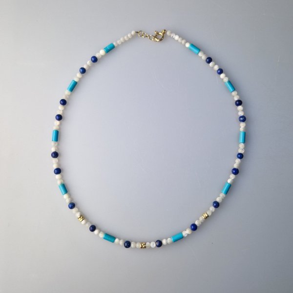 Necklace with pearls, turquoise, lapis lazuli and golden silver | lenght 44-45 cm, stones 3-8 mm