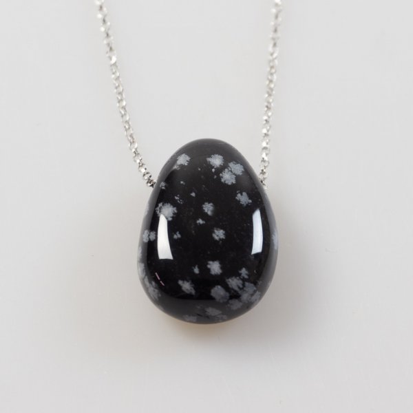 Rhodium plated silver pendant with Snowflake Obsidian | stone 3 cm, chain 43-44 cm