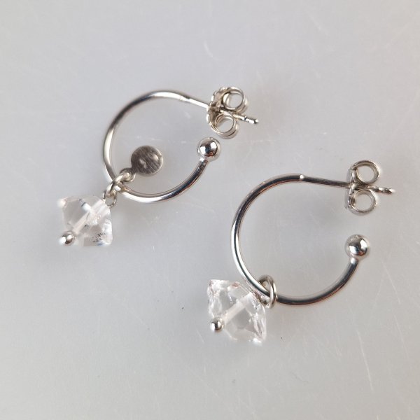 Silver Hoop Earrings with biterminated diamond quartz