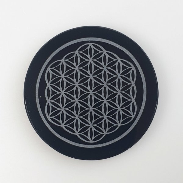 Obsidian round plate, Flower of life engraving | 7 x 0,7 cm