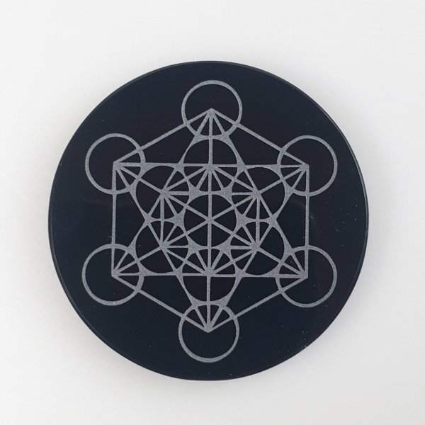 Obsidian round plate, Metatron cube engraving | 7 x 0,7 cm